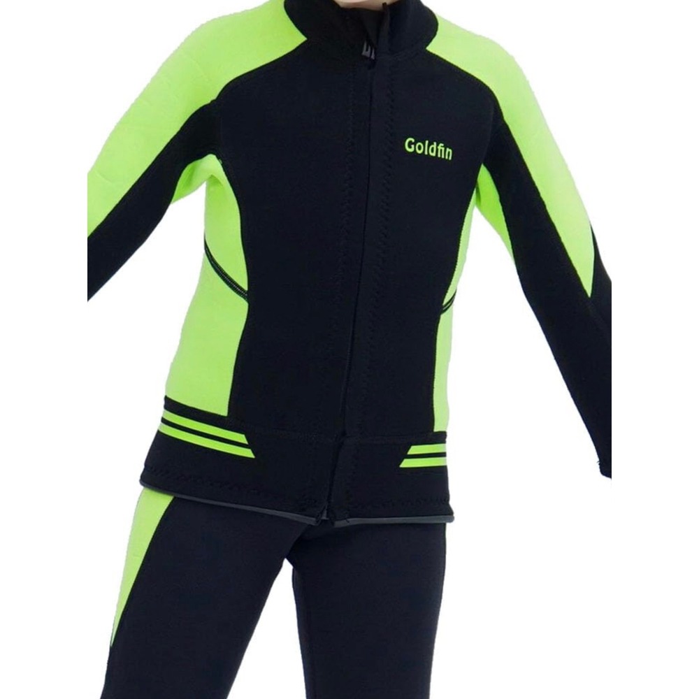 Goldfin Wetsuit TopKids Size 4 Black Neon Green Excellent 3mm Neoprene Zip Front